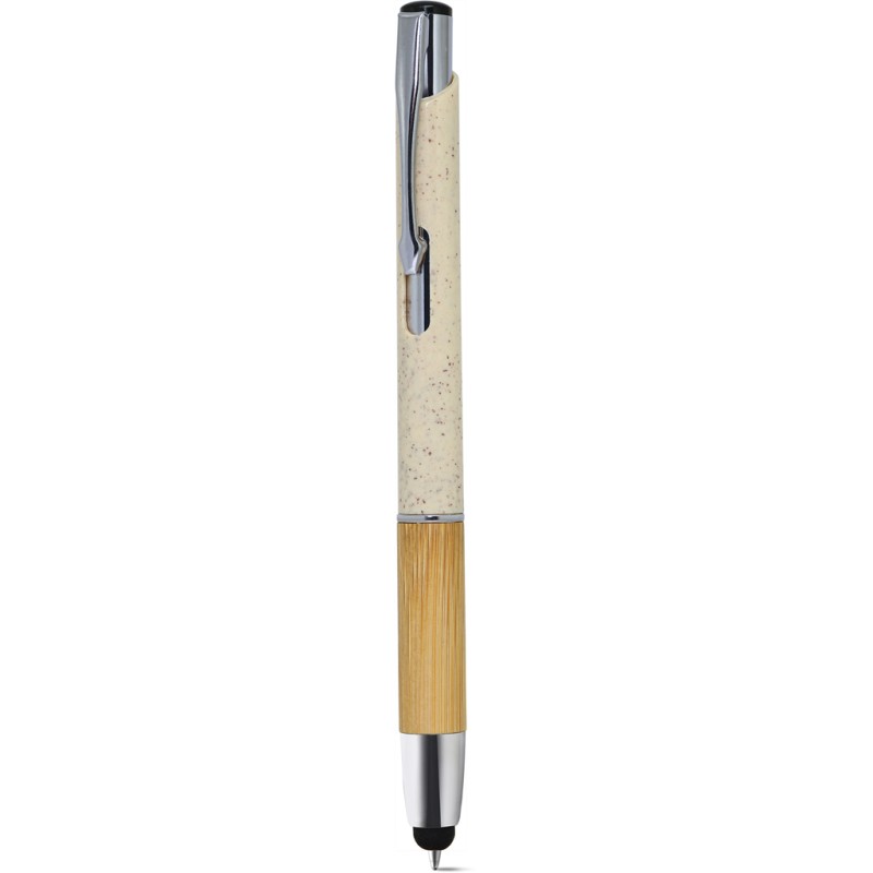 Penna a sfera con touch screen in paglia di grano beige personalizzata B11273BE