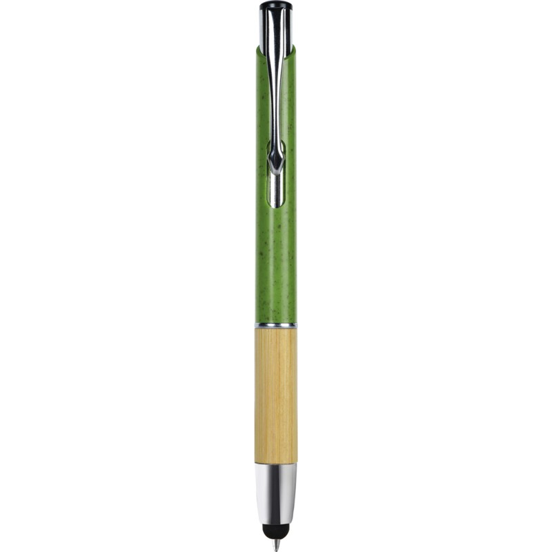 Penna a sfera con touch screen in paglia di grano verde personalizzata B11273V