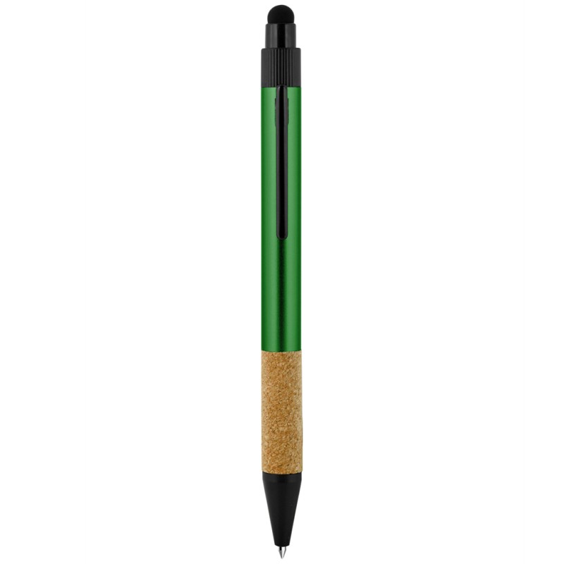 Penna a sfera con touch screen  in alluminio riciclato e sughero verde personalizzata B11296V