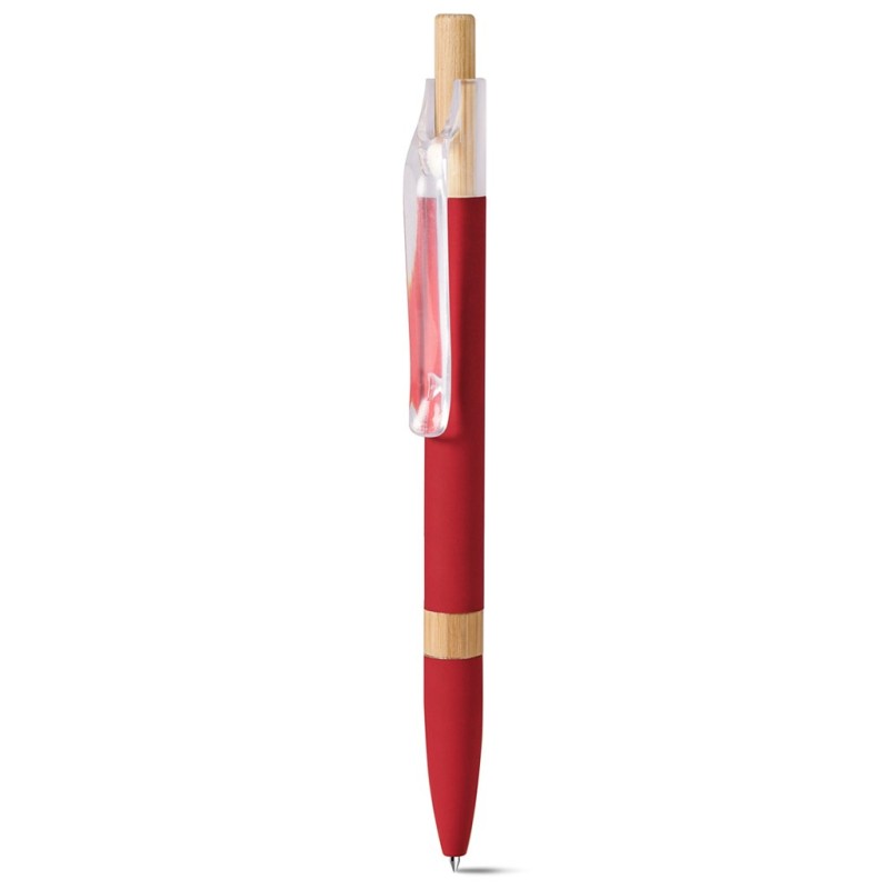 Penna a sfera con refill blu in alluminio riciclato soft touch e bambù rossa personalizzata B11303R Penna a sfera con refill blu in alluminio riciclato soft touch e bambù rossa personalizzata B11303R
