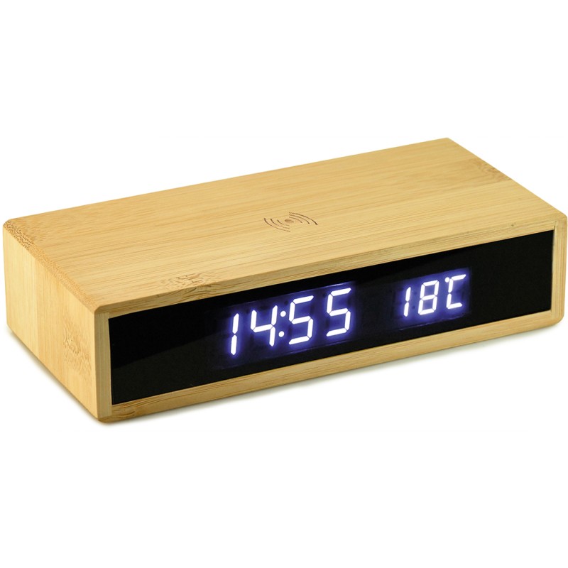 Sveglia lcd da tavolo con caricatore wireless in bamboo personalizzato E14580