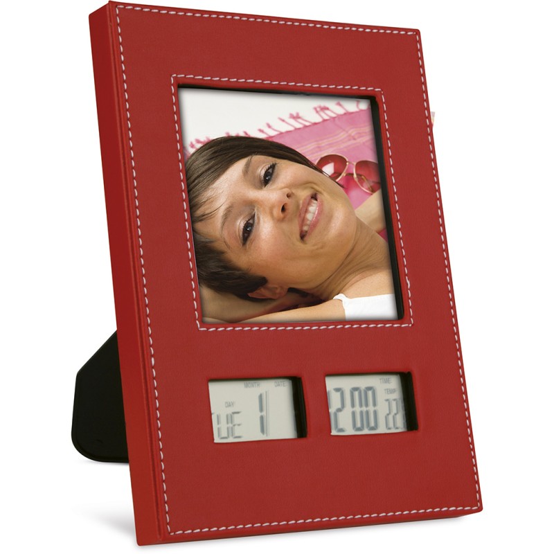 Orologio lcd con portafoto in plastica e pu rosso personalizzato E14344R