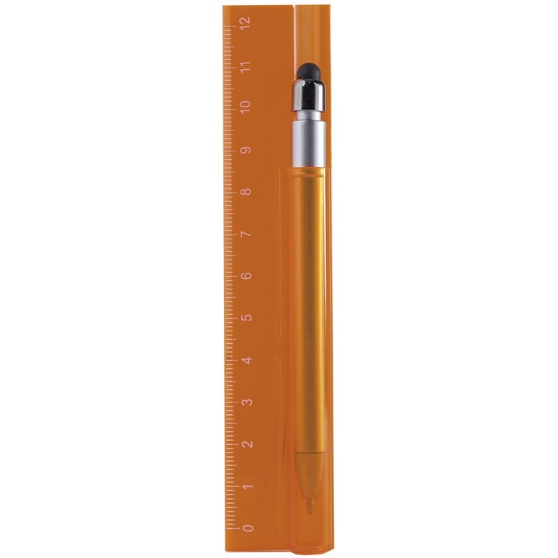 Righello con penna in plastica arancione personalizzata E14221A