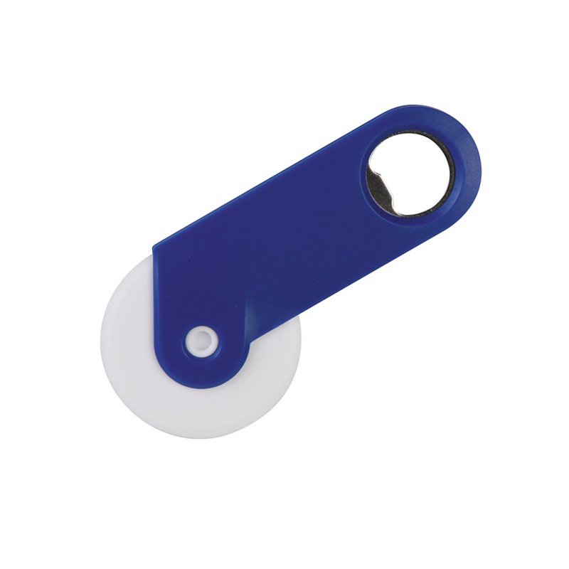 Rotella taglia pizza con apribottiglia in plastica e metallo blu royal personalizzato L19006BL