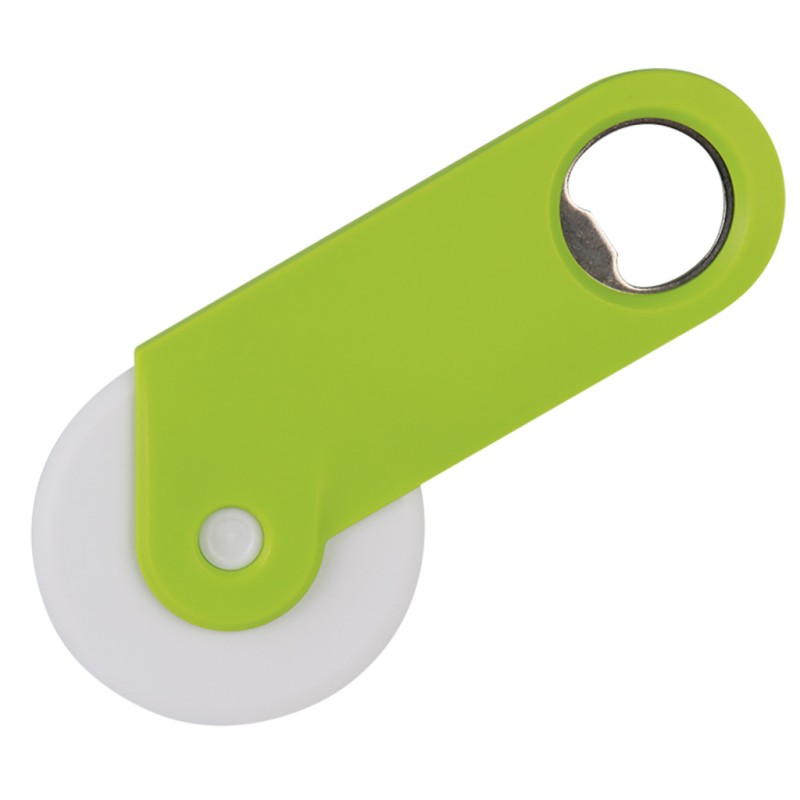 Rotella taglia pizza con apribottiglia in plastica e metallo verde acido personalizzato L19006VA