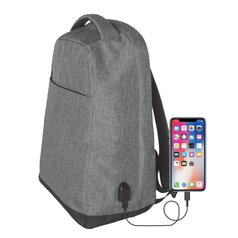 Zaino antitaccheggio con uscita usb in poliestere grigio personalizzato Q24093GR
