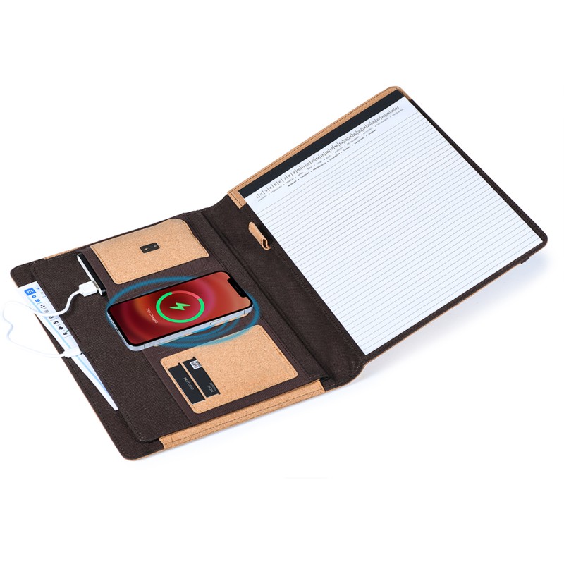 Cartella portablocco in sughero con caricatore wireless personalizzato Q24119