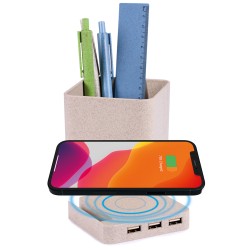 Portapenne con caricatore wireless in paglia di grano e plastica personalizzato S26213 Portapenne con caricatore wireless in paglia di grano e plastica personalizzato S26213