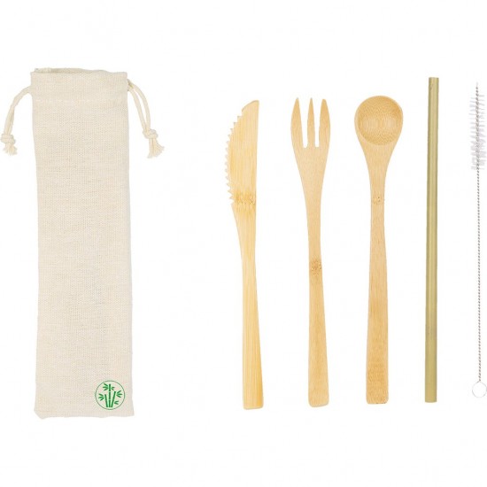 Kit Posate Ecocompatibili In Bambù, Metallo E Cotone Personalizzato L19032